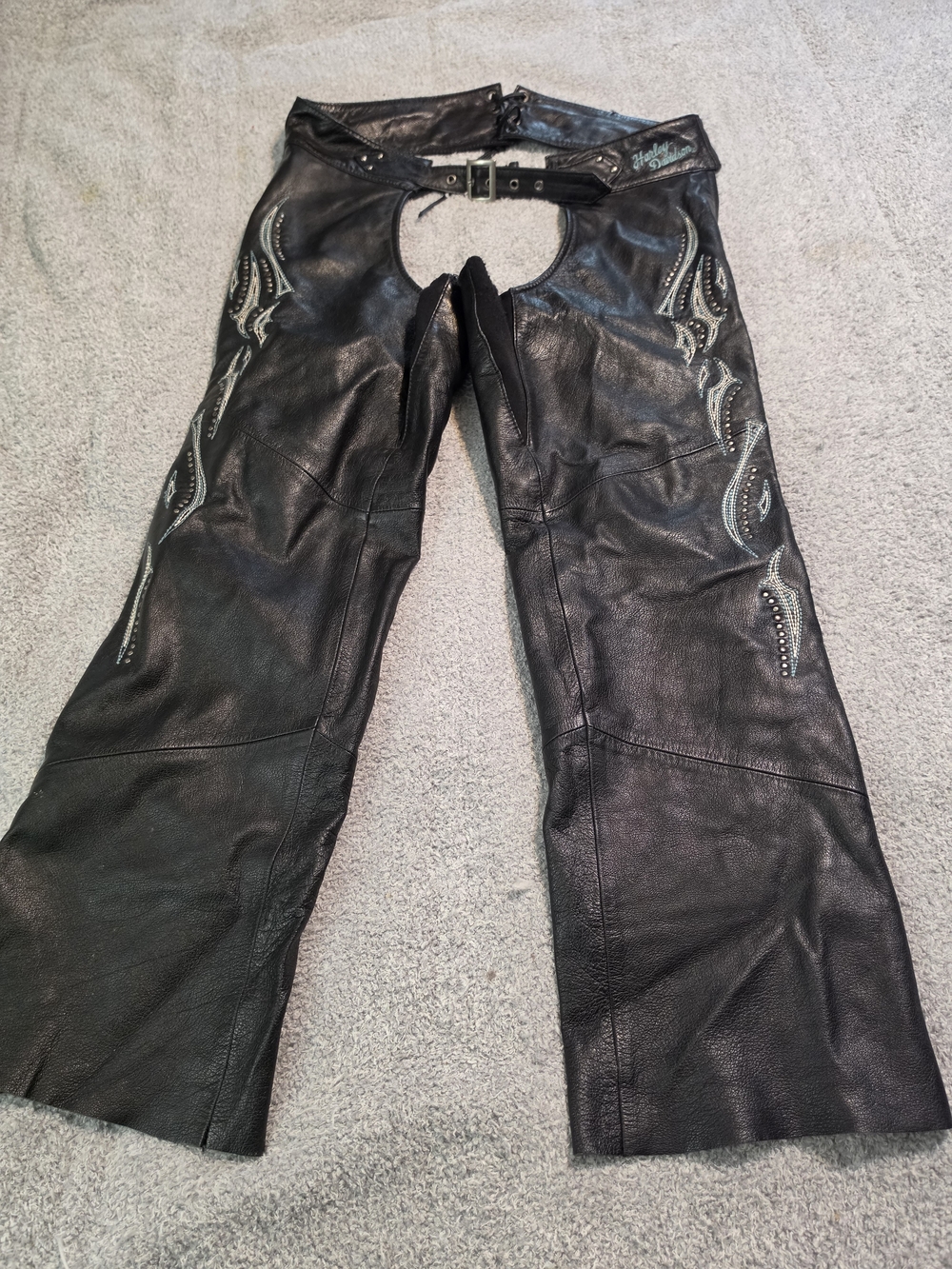 Harley-Davidson Black Leather Chaps with Flame Detailing